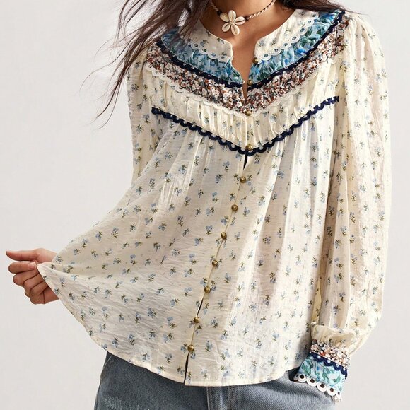 Blue Boho Casual Women's Country Vacation Woven Print Long Sleeve Loose Blouse - Picture 8 of 8
